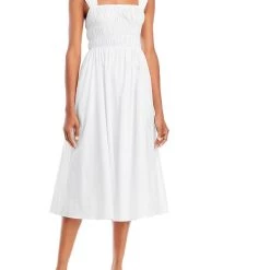 STAUD Ida Womens Smocked Calf Midi Dress