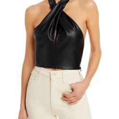 STAUD Kai Womens Faux Leather Open Back Halter Top