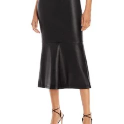 STAUD Laurel Womens Faux Leather Flounce Midi Skirt